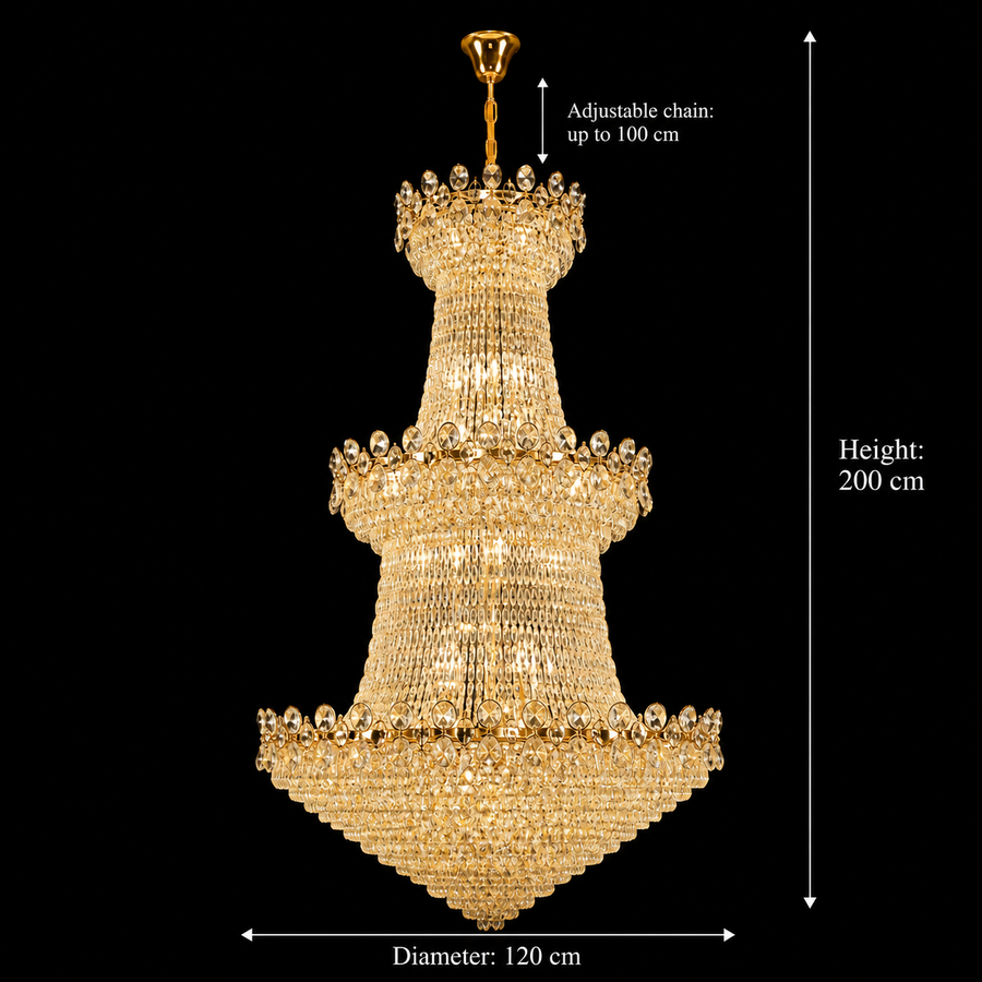 Żyrandol kryształowy TORRE 59xE14, średnica 120 cm, wysokość 200 cm, błyszczące złoto, regulowana wysokość, elegancki wygląd Kryształowy żyrandol Domyślny tytuł Alessandro Design