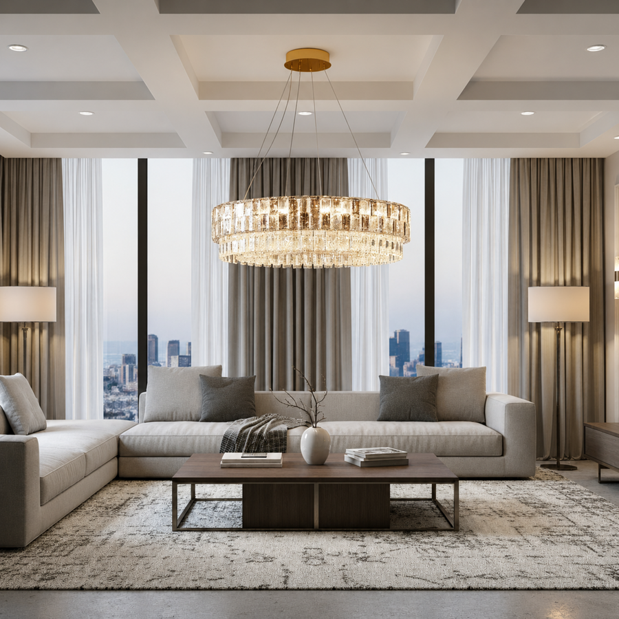 Candelabru Cristal ELYSIAN Magno 9xE14, D60 cm, Auriu, Inaltime Reglabila, Metal si Cristal