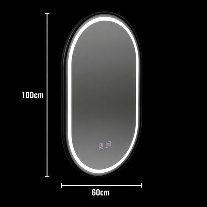 Lustro owalne LED 60x100cm VETRO, 22W, system odmgławiania z możliwością ściemniania dotykowego, czarna ramka
