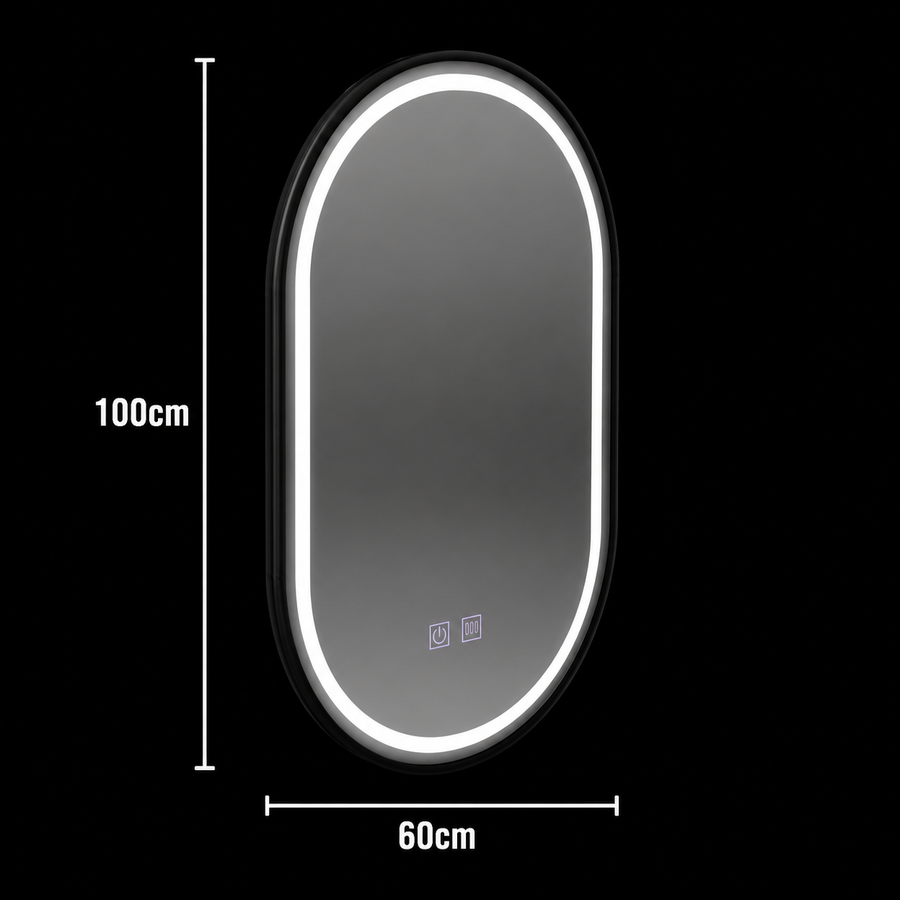 Lustro owalne LED 60x100cm VETRO, 22W, system odmgławiania z możliwością ściemniania dotykowego, czarna ramka