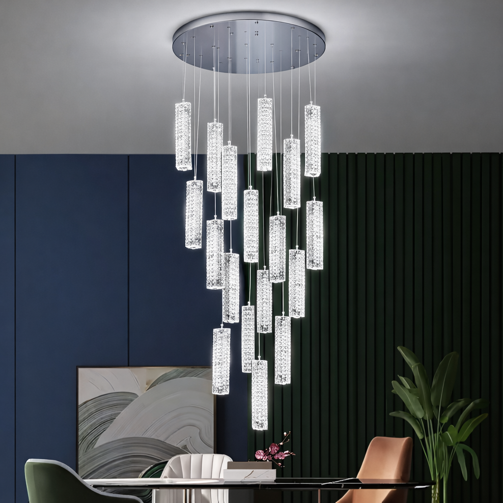 Candelabru Cristal LED AMIRI 82W Crom, Lumina Calda/Neutra/Rece 3000K/4000K/6000K Amiri, Diametru 40cm x Inaltime 300cm, Cristal si Metal Candelabre Cristal Default Title Alessandro Design