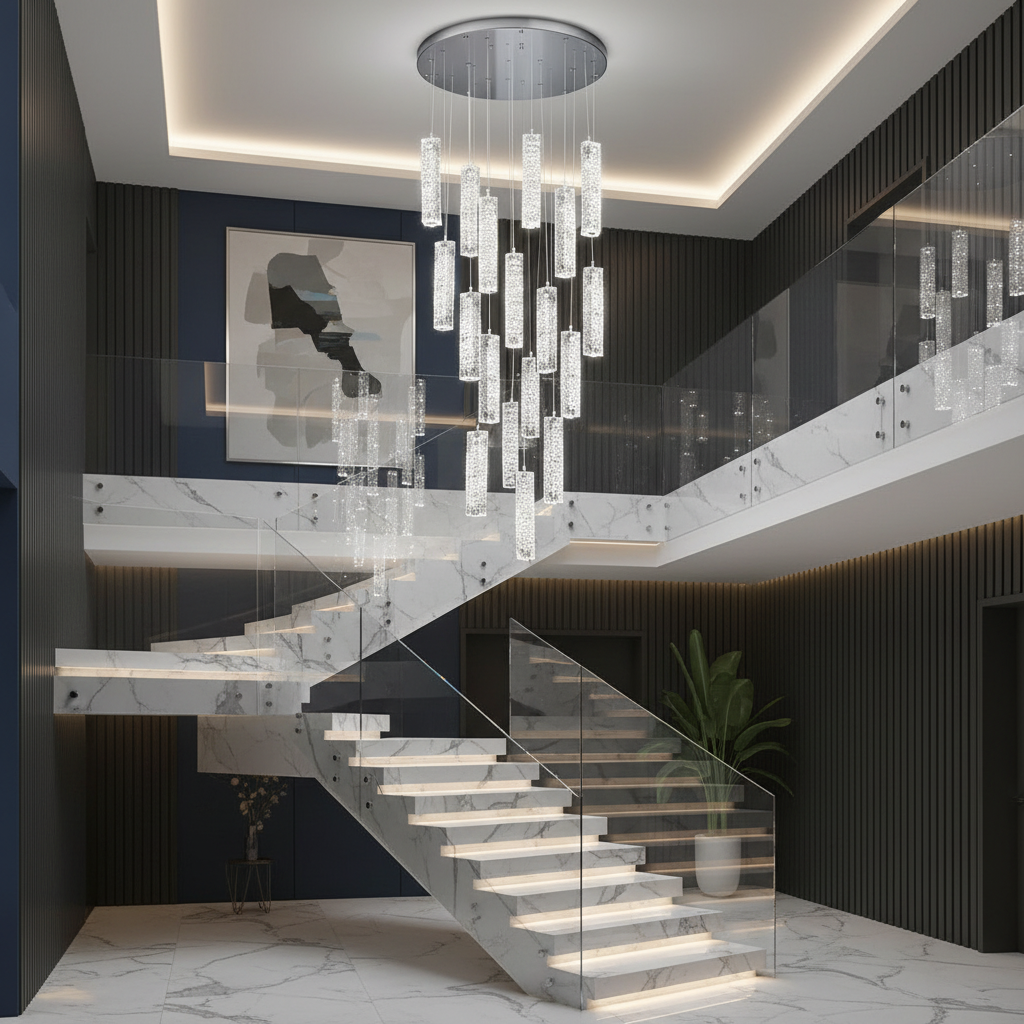 Candelabru Cristal LED AMIRI 82W Crom, Lumina Calda/Neutra/Rece 3000K/4000K/6000K Amiri, Diametru 40cm x Inaltime 300cm, Cristal si Metal Candelabre Cristal Default Title Alessandro Design