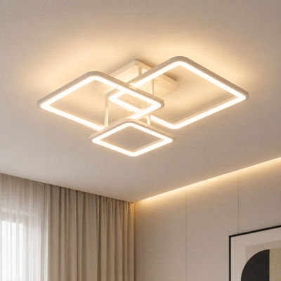 Żyrandol LED z pilotem ZOE, 60W, 3 kwadraty, światło zimne/ciepłe/neutralne, możliwość przyciemniania, biały, metal i akryl