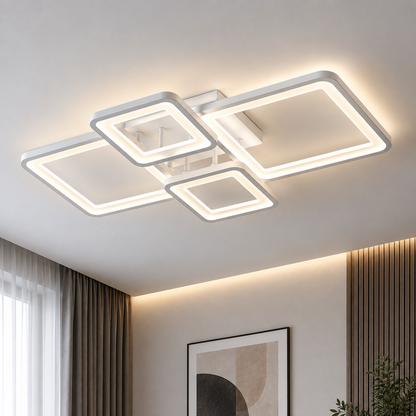 Żyrandol LED z pilotem ELLA 67W, 4 kwadraty, światło zimne/ciepłe/neutralne, możliwość przyciemniania, biały, metal i akryl