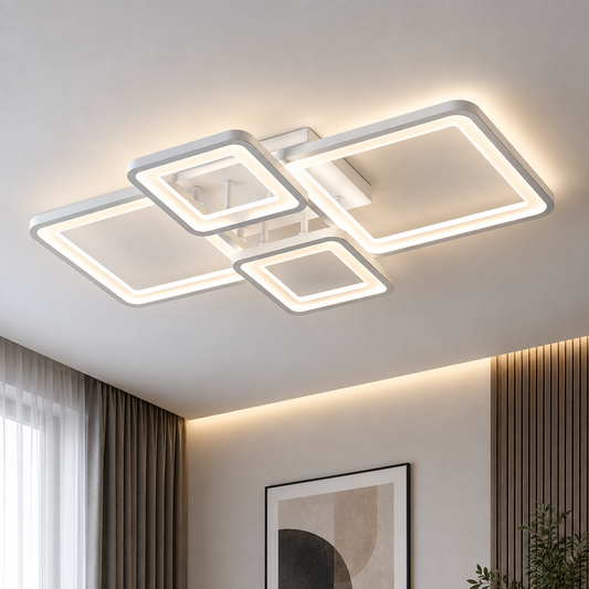 Żyrandol LED z pilotem ELLA 67W, 4 kwadraty, światło zimne/ciepłe/neutralne, możliwość przyciemniania, biały, metal i akryl