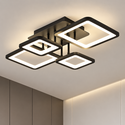 Żyrandol LED z pilotem ELLA 67W, 4 kwadraty, światło zimne/ciepłe/neutralne, możliwość przyciemniania, czarny, metal i akryl