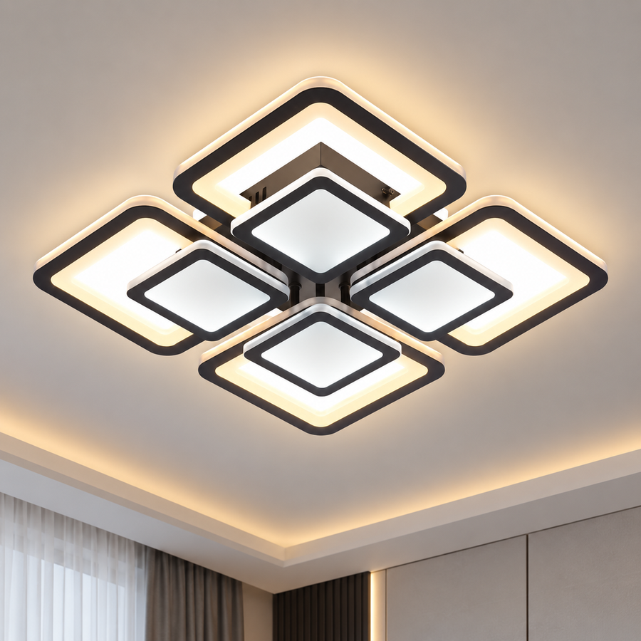 Żyrandol LED z pilotem SUSAN 96W, 4 kwadraty, światło zimne/ciepłe/neutralne, możliwość przyciemniania, czarny