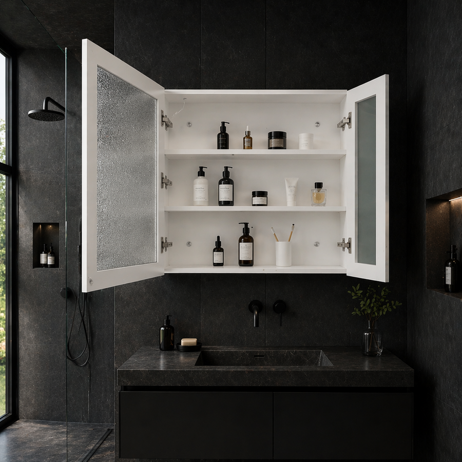 Lustro LED z szafką PLANO 80x70 cm, biały, czujnik dotyku i schowek