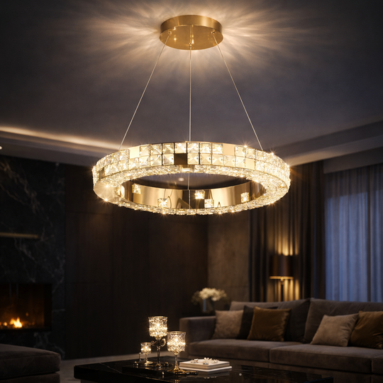 Żyrandol LED z pilotem, LLC135/1GD, kryształ i metal, 29W, 1 okrąg, możliwość przyciemniania, regulowana wysokość, światło zimne/ciepłe/neutralne, luksusowe oświetlenie Żyrandole LED z pilotem Domyślny tytuł Alessandro Design