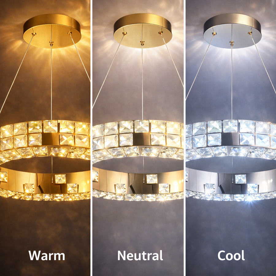 Żyrandol LED z pilotem, LLC135/2GD, kryształ i metal, 80W, 2 koła, możliwość przyciemniania, regulacja wysokości, światło zimne/ciepłe/neutralne 3000K/4000K/6000K, luksusowe oświetlenie