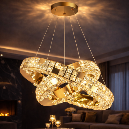 Żyrandol LED z pilotem, LLC135/2GD, kryształ i metal, 80W, 2 koła, możliwość przyciemniania, regulacja wysokości, światło zimne/ciepłe/neutralne 3000K/4000K/6000K, luksusowe oświetlenie