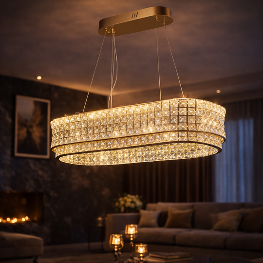 Żyrandol LED z pilotem, LLC160/750X350GD, kryształ i metal, 72W, możliwość przyciemniania, regulowana wysokość, światło chłodne/ciepłe/neutralne, luksusowe oświetlenie Żyrandole LED z pilotem Domyślny tytuł Alessandro Design