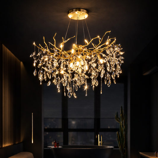 Żyrandol kryształowy WALTZ Rhapsody, 9x G9, złoty, 60cm, regulowana wysokość, metal i kryształ