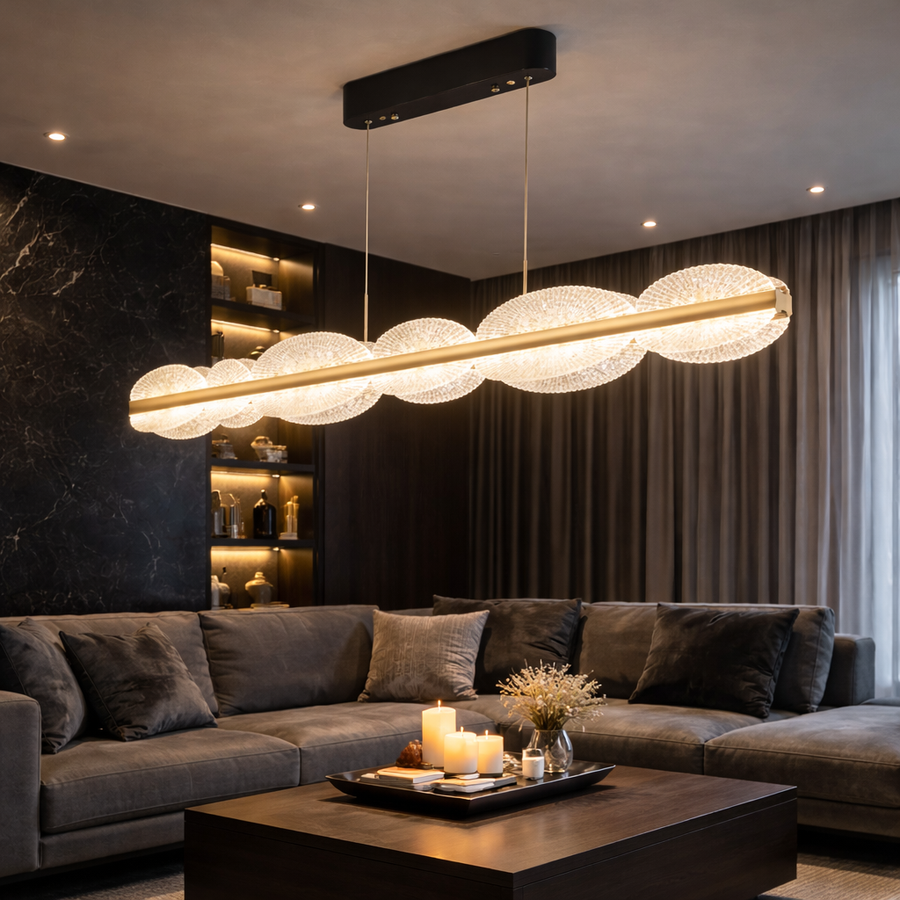 Zawieszany żyrandol LED z pilotem ISOTTA 105W, światło zimne/ciepłe/neutralne 3000K/4000K/6000K, możliwość przyciemniania, regulowana wysokość, czarny i srebrny, metal i kryształ