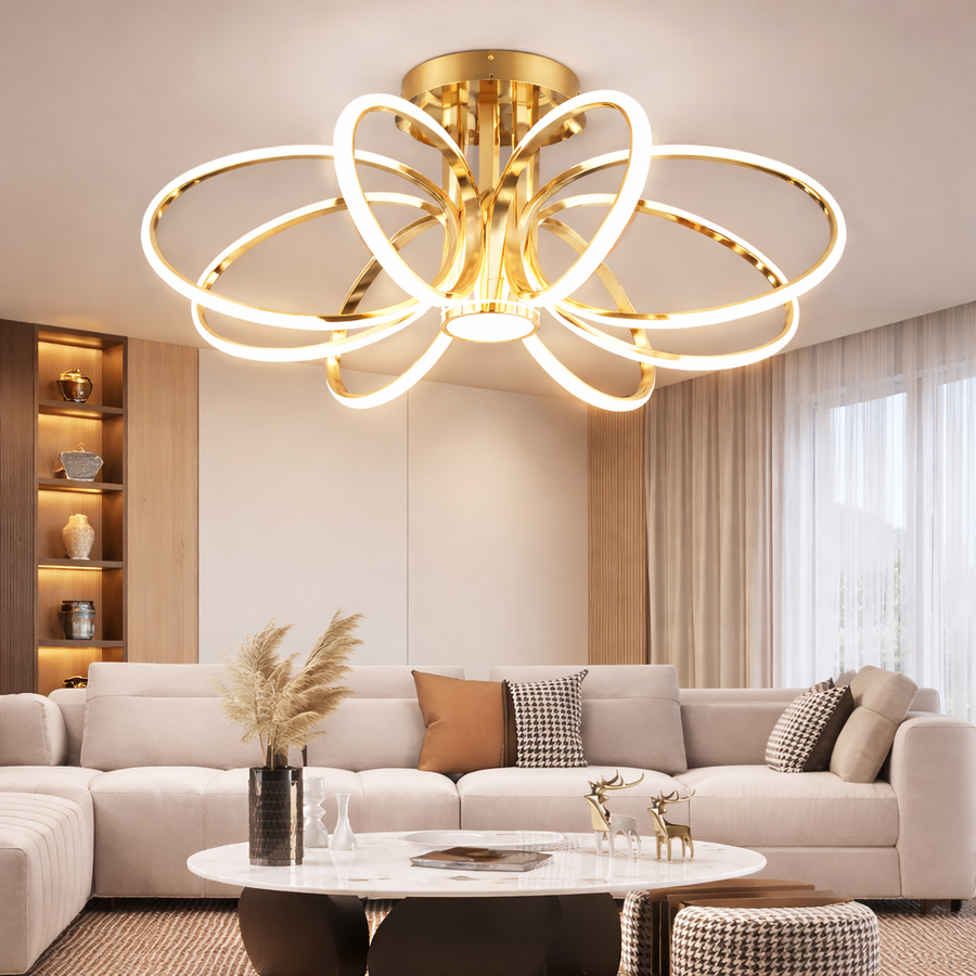 Żyrandol LED z pilotem LT771/500GD, 25W, światło ciepłe/zimne/neutralne 3000K/4000K/6000K, możliwość przyciemniania, złoto, metal i silikon