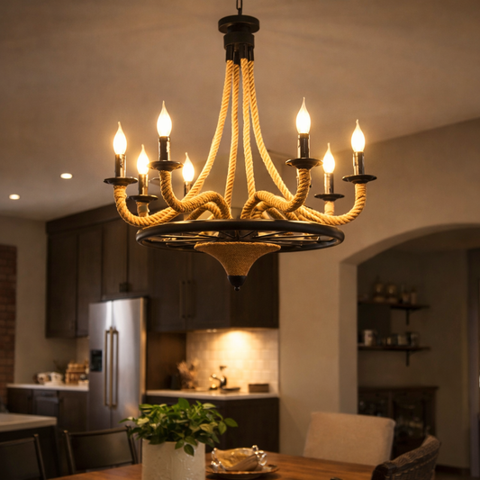 Żyrandol wiszący w stylu vintage, LV581/6BK, 6*E27, brązowy, metal i sznurek