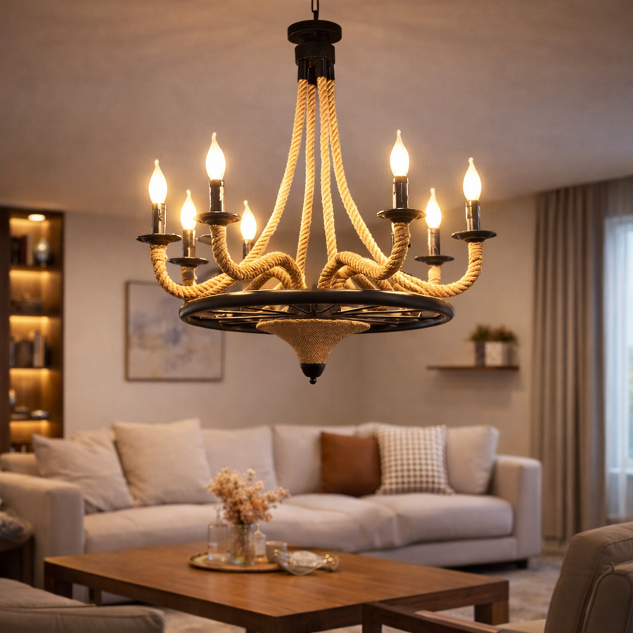 Żyrandol wiszący w stylu vintage, LV581/6BK, 6*E27, brązowy, metal i sznurek