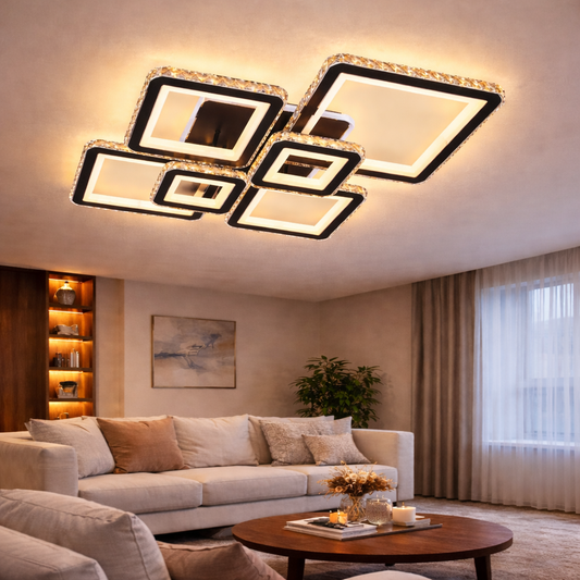 Żyrandol LED z pilotem i kryształem QUADRIS RGB 177W, 6 kwadratów, światło zimne/ciepłe/neutralne 3000K/4000K/6000K, możliwość przyciemniania, czarny, metal i kryształ