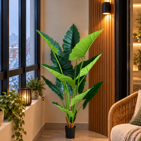Sztuczna roślina typu Alocasia, 12 liści, 150 cm, zielona