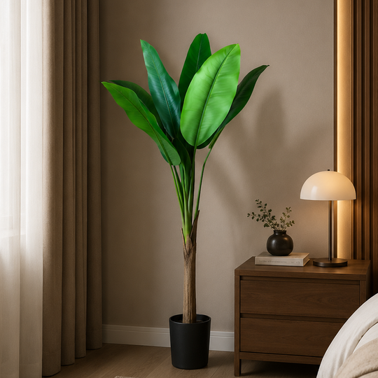 Sztuczna roślina bananowa, 130 cm, 6 liści, zielona, z doniczką