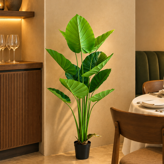 Sztuczna roślina typu Strelitzia, 160 cm, 12 liści, zielona