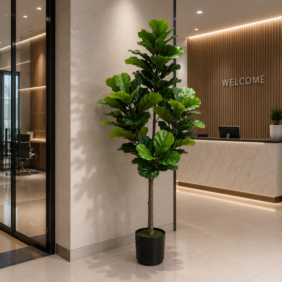 Decorațiune Ficus Lyrata, Plastic, 3 brate, 160 cm, Verde