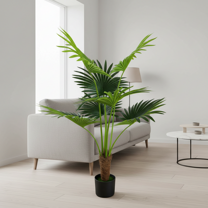 Decorațiune Palmier Livistona Evantai, 7 frunze, Plastic, 140 cm, Verde