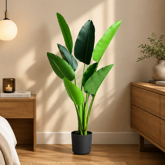Sztuczna roślina typu Strelitzia Nicolai (Rajski ptak), 120 cm, 8 liści, zielona