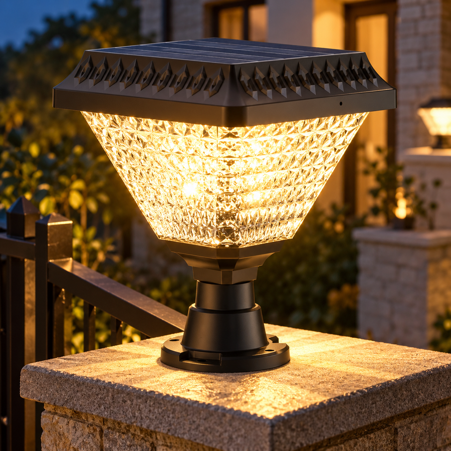 Lampa solarna LED na słup zewnętrzny SOLEO, 8 W, światło ciepłe/zimne/neutralne + RGB, kształt kwadratowy, aluminium, czarna, możliwość przyciemniania