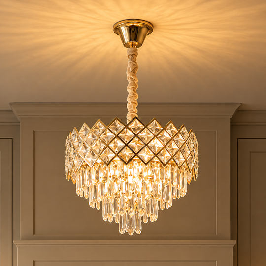 Żyrandol Kryształowy VECTORIA Elegance 8xE14, średnica 48cm, złoty, regulowana wysokość, metal i kryształ