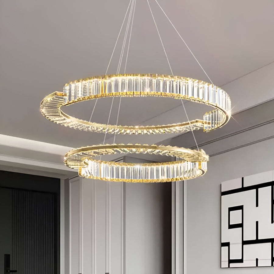 Żyrandol LED PRISM Regal, złoty, metal i kryształ, ściemnialny, regulowana wysokość, elegancki design, zimne/ciepłe/neutralne światło