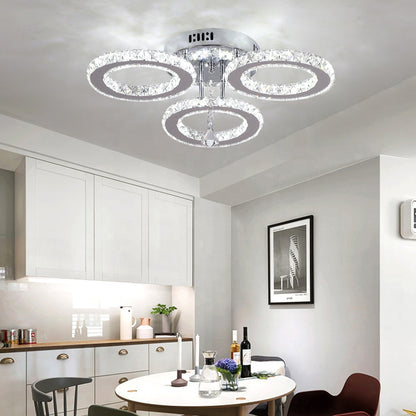 Żyrandol LED z pilotem i kryształem ALANUBIS 37W, 3 okręgi, zimne/ciepłe/neutralne światło, ściemnialny, błyszczący chrom
