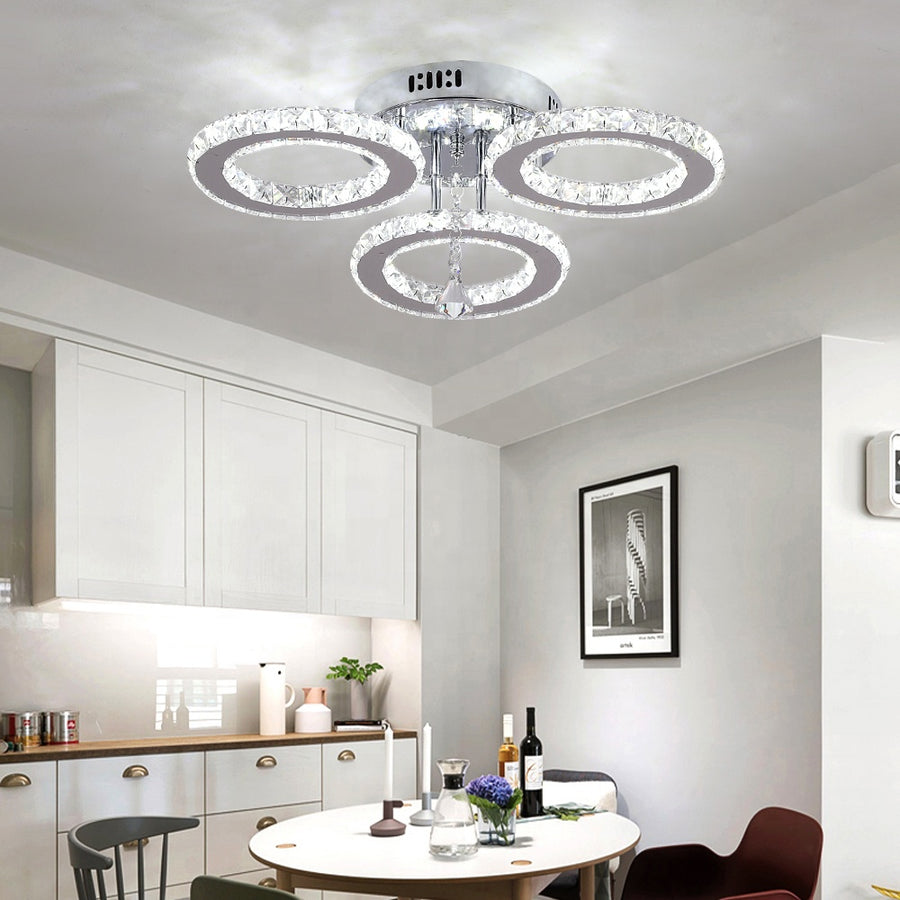 Żyrandol LED z pilotem i kryształem ALANUBIS 37W, 3 okręgi, zimne/ciepłe/neutralne światło, ściemnialny, błyszczący chrom