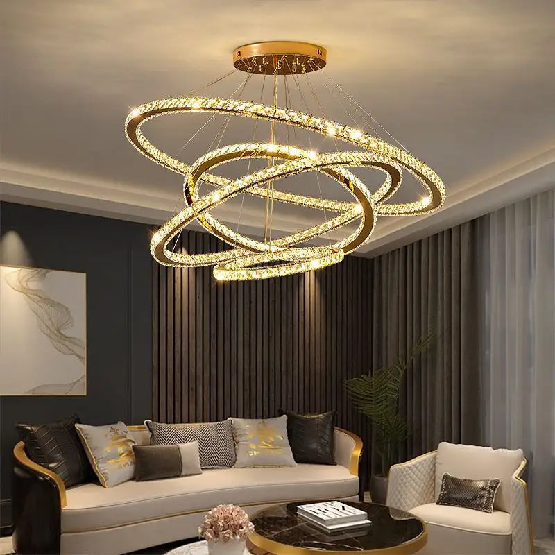 Żyrandol PRISM Luminis LED, kryształ i metal, 4 okręgi, ściemniany, regulowana wysokość, zimne/ciepłe/neutralne światło, luksusowe oświetlenie
