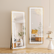 Prostokątne lustro LED, złota rama, 50x160 cm, możliwość przyciemniania, światło zimne/ciepłe/neutralne, moda garderoba