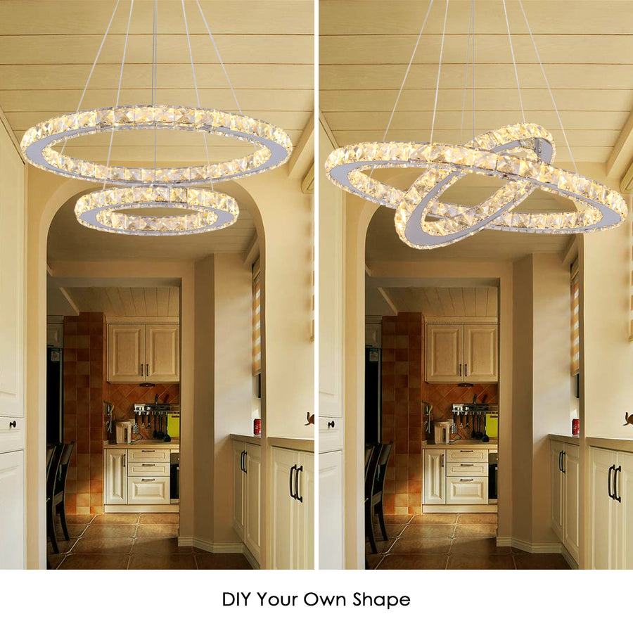 Żyrandol LED z pilotem i kryształem PRISM LUMINIS 58W, 2 okręgi, zimne/ciepłe/neutralne światło, ściemnialny, srebrny, regulowana wysokość