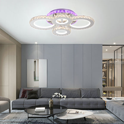 Żyrandol LED z pilotem i kryształem NOVA ROTONDA RGB 72W, 4 okręgi, światło zimne/ciepłe/neutralne, ściemnialny