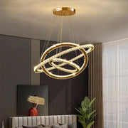 Żyrandol PRISM Luminis LED, kryształ i metal, 4 okręgi, ściemniany, regulowana wysokość, zimne/ciepłe/neutralne światło, luksusowe oświetlenie