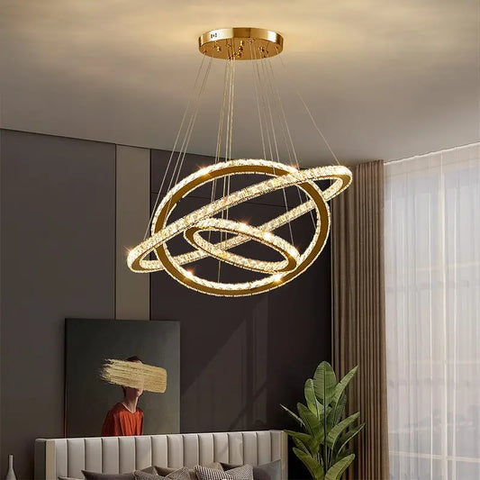 Żyrandol PRISM Luminis LED, kryształ i metal, 4 okręgi, ściemniany, regulowana wysokość, zimne/ciepłe/neutralne światło, luksusowe oświetlenie