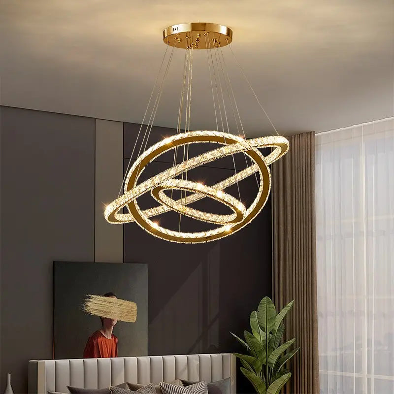 Żyrandol PRISM Luminis LED, kryształ i metal, 4 okręgi, ściemniany, regulowana wysokość, zimne/ciepłe/neutralne światło, luksusowe oświetlenie