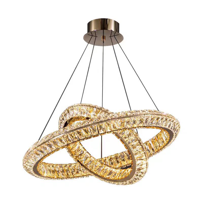 Żyrandol LED z pilotem, LLC132/300+500GD, kryształ i metal, 48W, 2 koła, możliwość przyciemniania, regulowana wysokość, światło zimne/ciepłe/neutralne 3000K/4000K/6000K, luksusowe oświetlenie,