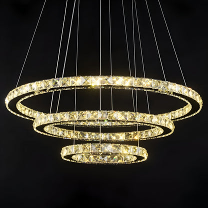 Żyrandol wiszący LED z pilotem i kryształem PRISM LUMINIS 78 W, 3 okręgi, zimne/ciepłe/neutralne światło, ściemnialny, srebrny, regulowana wysokość