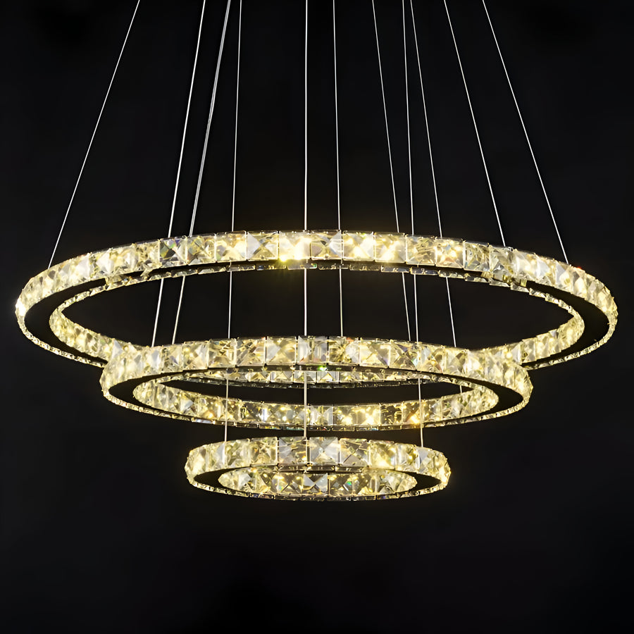 Żyrandol wiszący LED z pilotem i kryształem PRISM LUMINIS 78 W, 3 okręgi, zimne/ciepłe/neutralne światło, ściemnialny, srebrny, regulowana wysokość