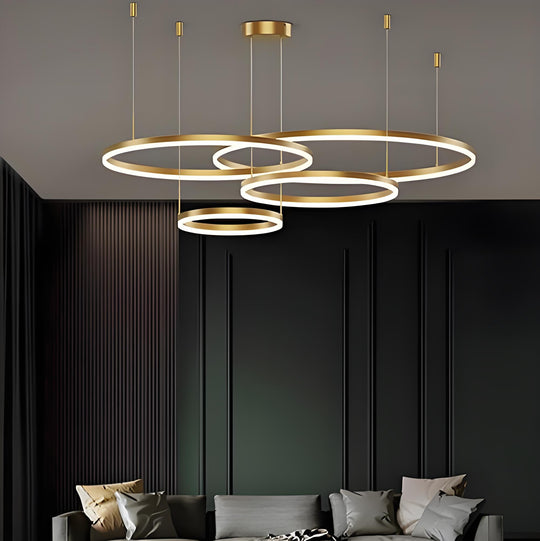 Zawieszany żyrandol LED z pilotem LT813/4GD 139W, 4 koła, światło zimne/ciepłe/neutralne, możliwość przyciemniania, złoty, żyrandol LED z regulacją wysokości z pilotem Domyślny tytuł Alessandro Design