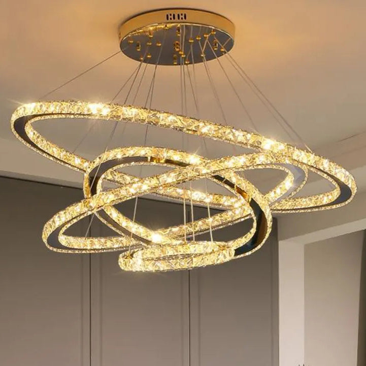 Żyrandol PRISM Luminis LED, kryształ i metal, 4 okręgi, ściemniany, regulowana wysokość, zimne/ciepłe/neutralne światło, luksusowe oświetlenie