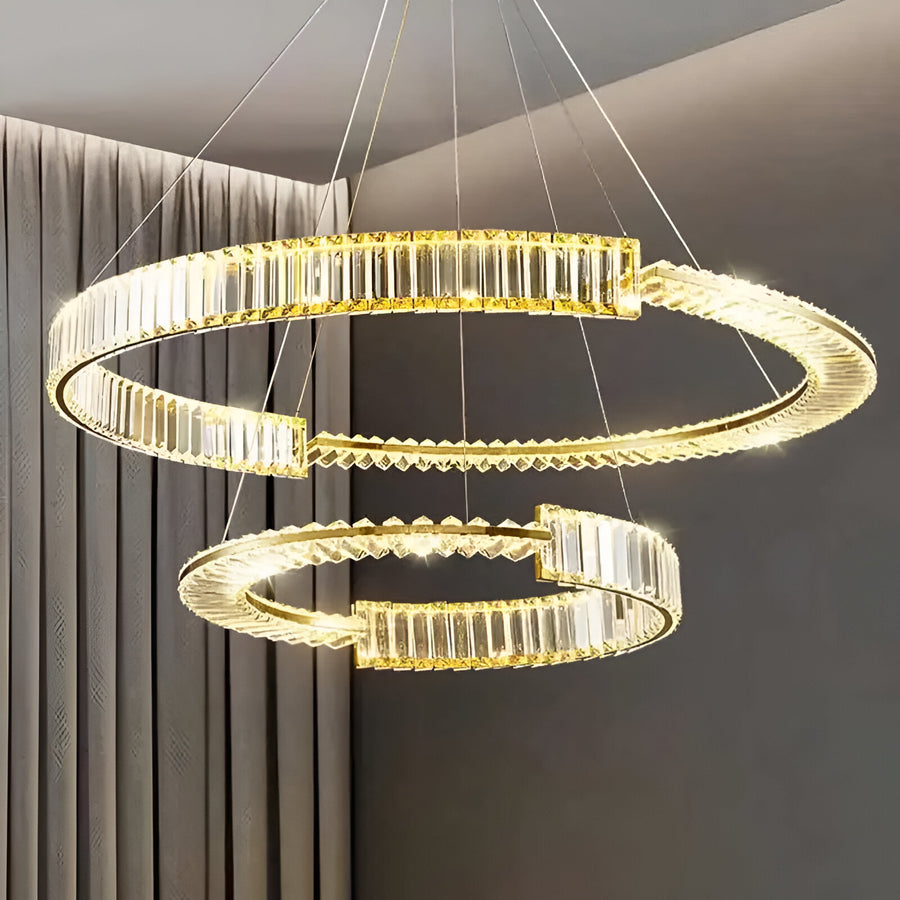 Żyrandol LED PRISM Regal, złoty, metal i kryształ, ściemnialny, regulowana wysokość, elegancki design, zimne/ciepłe/neutralne światło