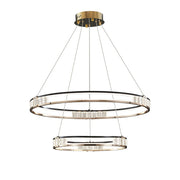 Żyrandol wiszący LED ROGER 100 W z pilotem i kryształem, 2 okręgi, światło zimne/ciepłe/neutralne, ściemnialny, błyszczący złoty, regulowana wysokość
