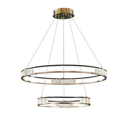 Żyrandol wiszący LED ROGER 100 W z pilotem i kryształem, 2 okręgi, światło zimne/ciepłe/neutralne, ściemnialny, błyszczący złoty, regulowana wysokość