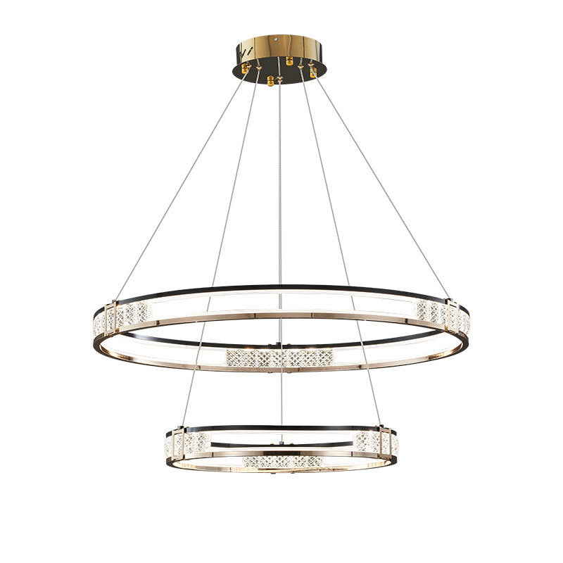 Żyrandol wiszący LED ROGER 100 W z pilotem i kryształem, 2 okręgi, światło zimne/ciepłe/neutralne, ściemnialny, błyszczący złoty, regulowana wysokość