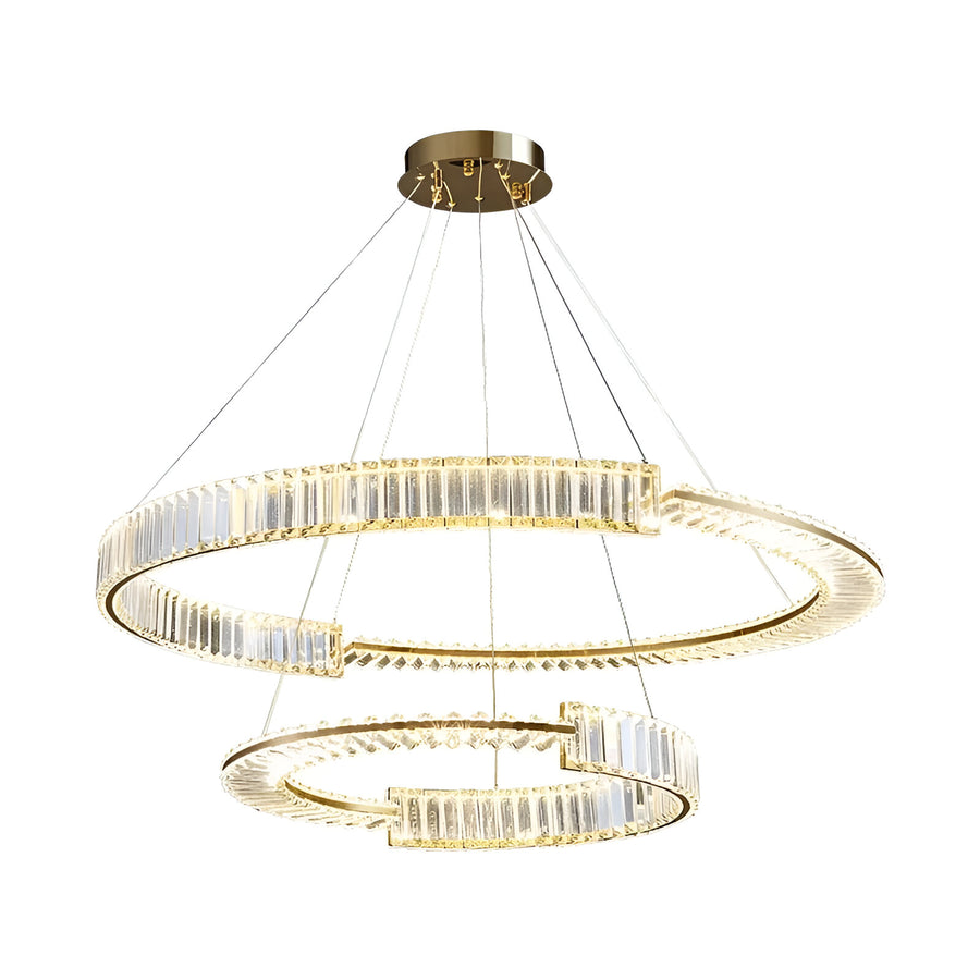 Żyrandol LED PRISM Regal, złoty, metal i kryształ, ściemnialny, regulowana wysokość, elegancki design, zimne/ciepłe/neutralne światło